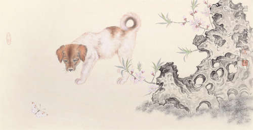 焦俊峰（b.1971） 犬蝶图 镜片 设色纸本