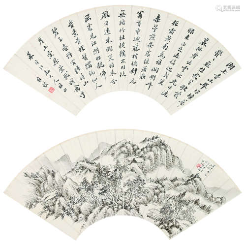 何维朴（1842～1922） 书法、山水双挖 镜片  纸本、水墨纸本