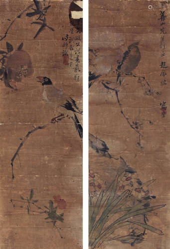 赵凤瑞（1858～1943） 花鸟 对屏镜框 设色纸本