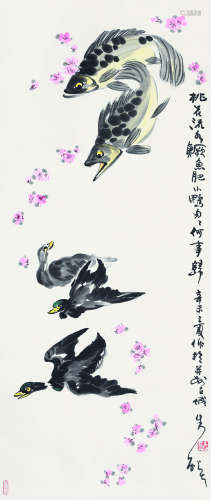 朱焰（1917～1995） 鳜鱼小鸭 立轴 设色纸本
