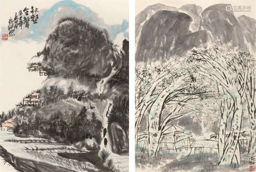 王如何（b.1944）  冯长江（b.1943） 山水 镜片 设色纸本