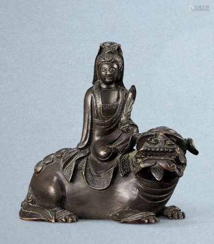 清 铜文殊菩萨骑狮坐像