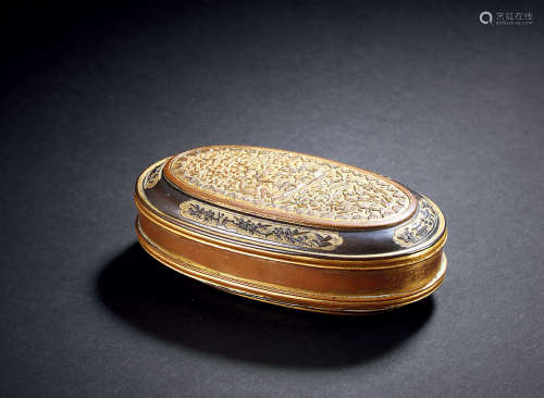 清乾隆 铜鎏金錾花椭圆型盖盒
