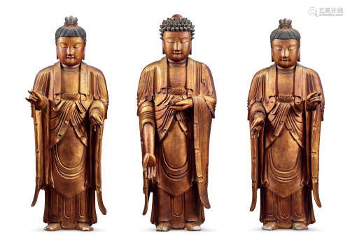 清 木雕西方三圣站像 (一组三件)