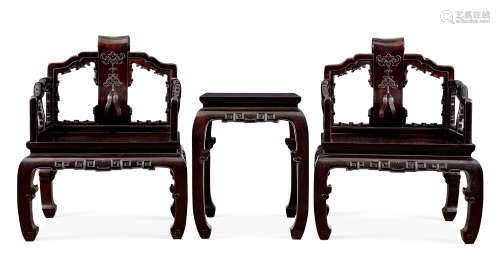 现代 红木雕螭龙纹书卷椅 (一组三件)