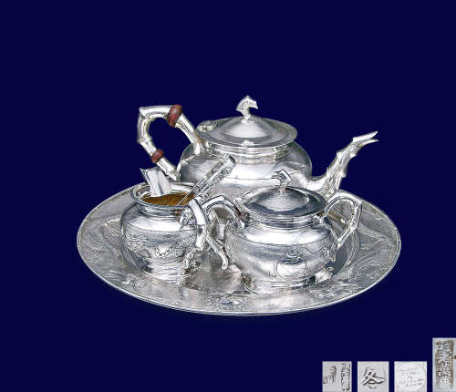 1937年 中国 纯银芝麻底高浮雕「游龙戏珠」茶具 （五件套）
