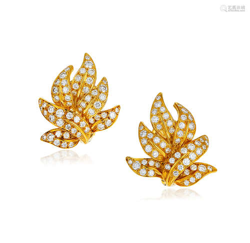 蒂芙尼 Tiffany 18K黄金配钻石「叶形」耳环