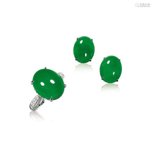 天然满绿翡翠「蛋面」配钻石戒指及耳环套装