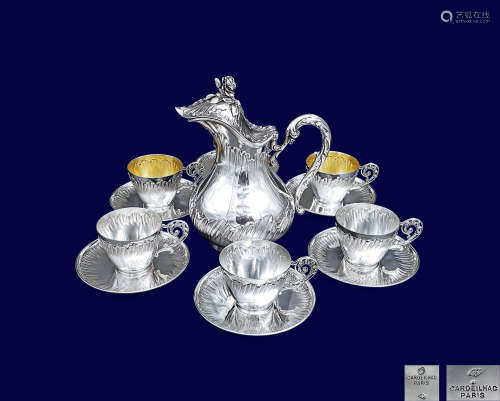 约1860年 法国 纯银高浮雕雕花咖啡壶配咖啡杯碟 (七件套)