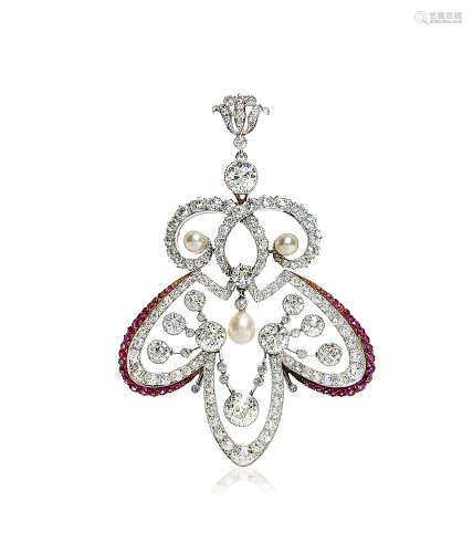 约1920年 4.2-5.6mm天然真珠配红宝石及钻石吊坠项链