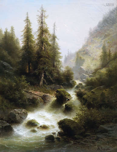 阿尔伯特·里格（1834–1905） 阿尔卑斯山瀑布景色 布面油画