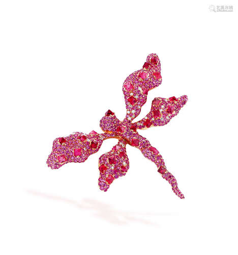9.05克拉 天然红宝石配红色尖晶石「蜻蜓」胸针