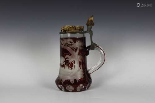 Unusual Bohemian Colored Glass Stein With Bone Top
