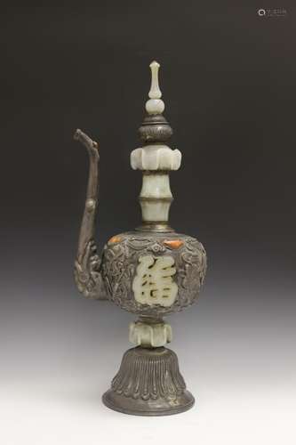 Chinese Or Mongolian Large Silver And Jade Ewer