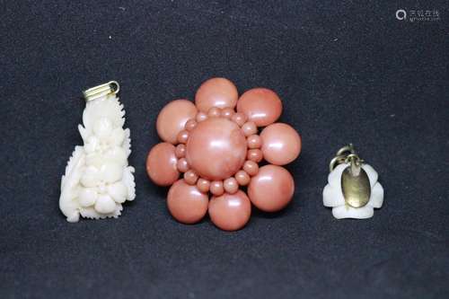 Three Pc Coral Lot Including Brooch And Pendants