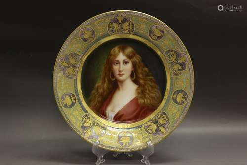 Vienna Style Porcelain Plate, Girl W/ Red Dress