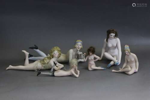 6 Antique Bisque German Nude Dolls Figurines