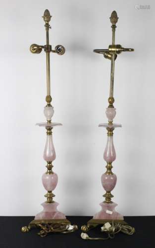 Two Pink Rock Crystal & Bronze Lamps