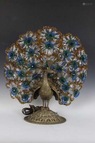 Rare Bronze And Glass Peacock Lamp