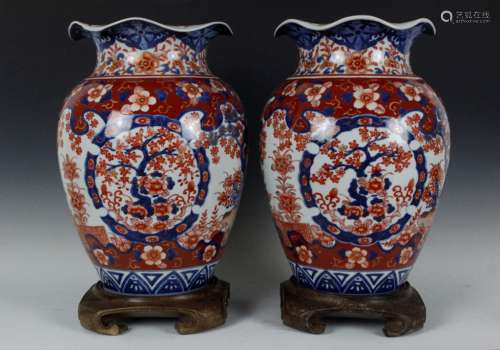Pr Of Japanese Imari Red Ground Porcelain Vases