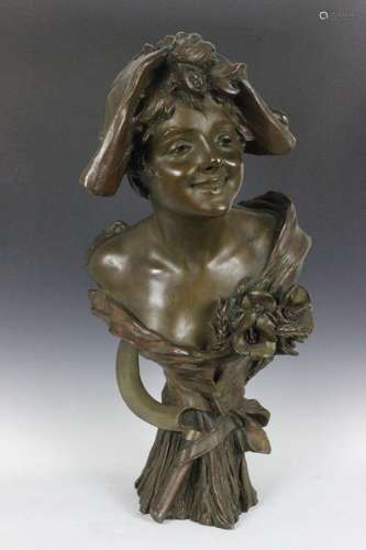 Signed Large Bronze Bust Of A Young Girl