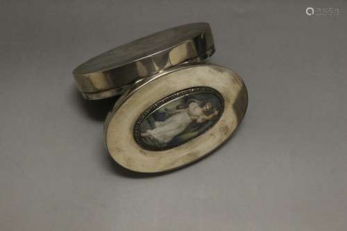 Sterling Silver Oval Box With Miniature Painting