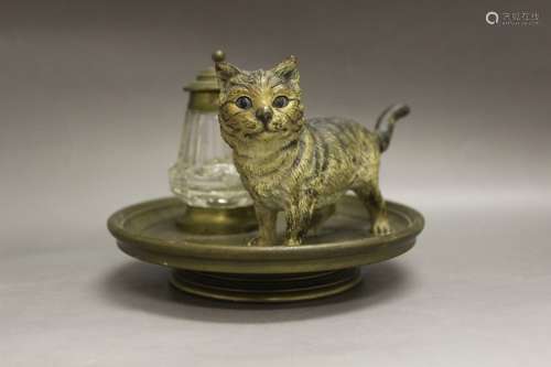 Austrian Cold Painted Bronze Cat Inkwell