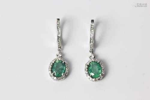 14k White Gold, Emerald And Diamond Earrings