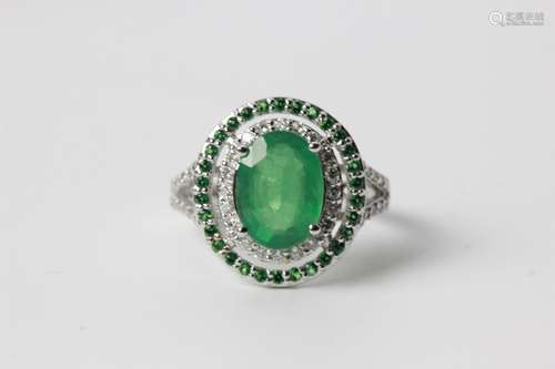 14 Kt White Gold Emerald Diamond & Tsavorite Ring