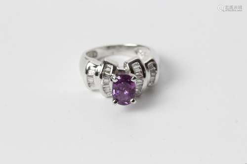 14k White Gold Purple Sapphire And Diamond Ring