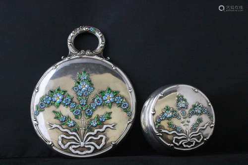 2 Sterling Silver Enameled Items, Mirror & Box