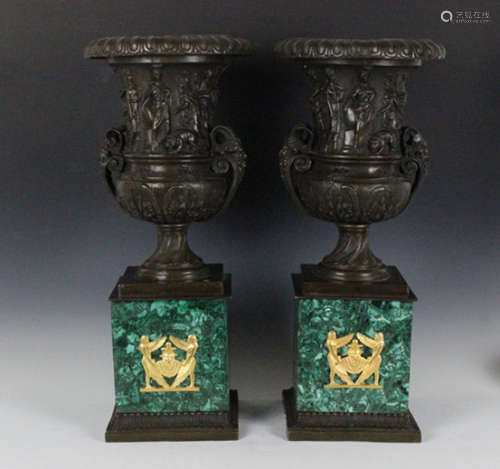 Pair Of Bronze And Malachite Vases