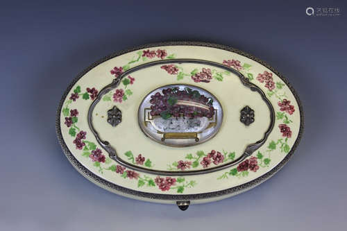 Silver Oval Enameled Box With Carved Glass Top