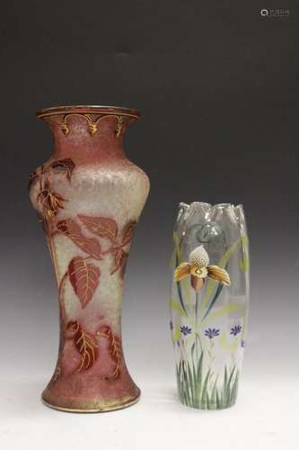 Two Art Nouveau French Enamel Glass Vases