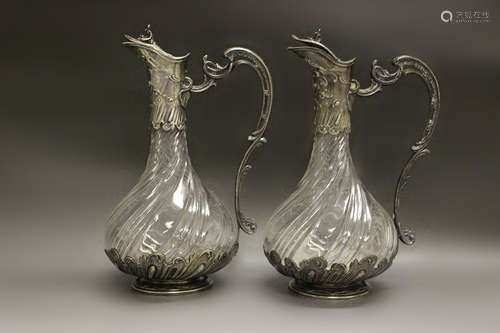 Pr Of Silver & Glass Claret Jugs