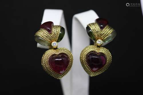 18k Gold Rubies And Tourmaline Earrings