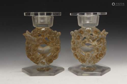 Pair Of R. Lalique Candle Holders W/ Orig Covers