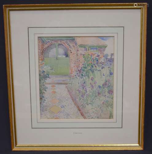 MARY MCCROSSAN (1865-1934), framed watercolour, garden at port st Mary, isle of man. 23 cm x 21 cm.