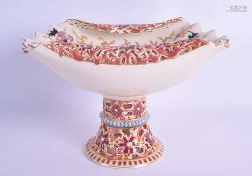 A ZSOLNAY PECS PORCELAIN TAZZA decorated with foliage and vines. 24 cm x 16 cm.