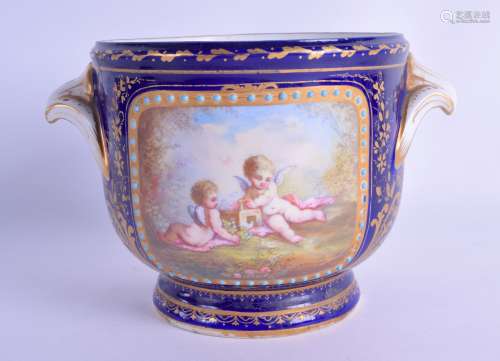 AN 18TH CENTURY SEVRES PORCELAIN TWIN HANDLED VASE with turquoise jewelled decoration, painted