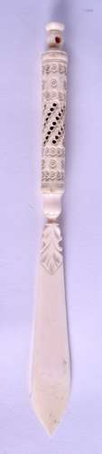 A MID 19TH CENTURY CARVED IVORY LETTER OPENER with Stanhope like terminal. 22 cm long.