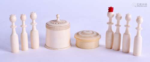 TWO 19TH CENTURY CARVED IVORY BOXES together with various carved ivory skittles. (8)