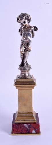 A 19TH CENTURY FRENCH SILVERED BRONZE FIGURAL COLUMN modelled as a putti standing upon a polished