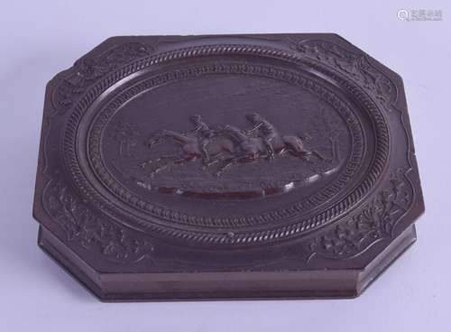 A GOOD EARLY CARVED BAKELITE CASED DAGUERREOTYPE decorated with two horses within a landscape. 12.