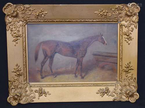 ATTRIBUTED TO EDWIN LODER, framed oil on panel, naive horse in a stable. 16 cm x 24 cm.