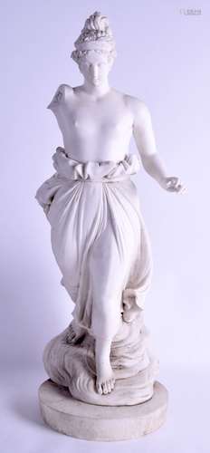 A LARGE MID 19TH CENTURY PARIAN WARE FIGURE OF A CLASSICAL FEMALE modelled roaming upon a circular