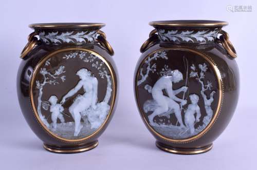 A LOVELY PAIR OF LATE 19TH CENTURY PATE SUR PATE PORCELAIN VASES painted with classical scenes