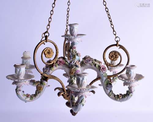 A LARGE 19TH CENTURY GERMAN DRESDEN PORCELAIN AND ORMOLU CHANDELIER overlaid with extensive