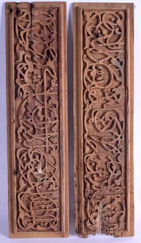 A RARE PAIR OF 15TH/16TH CERNTURY TURKISH OTTOMAN CALLIGRAPHY PANELS of rectangular form. Overall 28