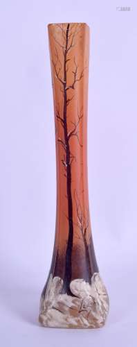 A STYLISH FRENCH LEGRAS ART GLASS VASE painted with snowy landscapes upon a peach orange ground.